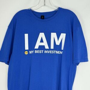 Mens T Shirt I AM MY BEST INVESTMEN Print Size L Short Sleeve Navy Blue